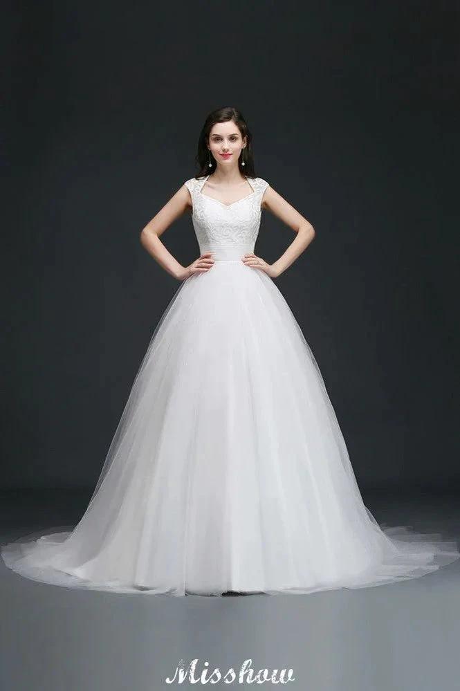 Ball Gown V-Neck Tulle Elegant Wedding Dresses with Buttons by misshow.com