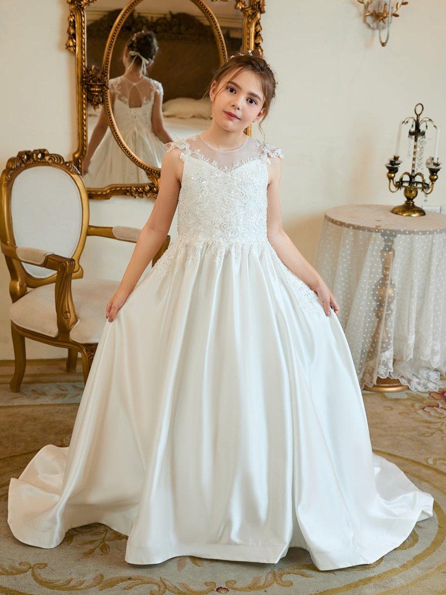 Ball-Gown/Princess Satin Sweep Train First Communion Flower Girl Dress - photo 1