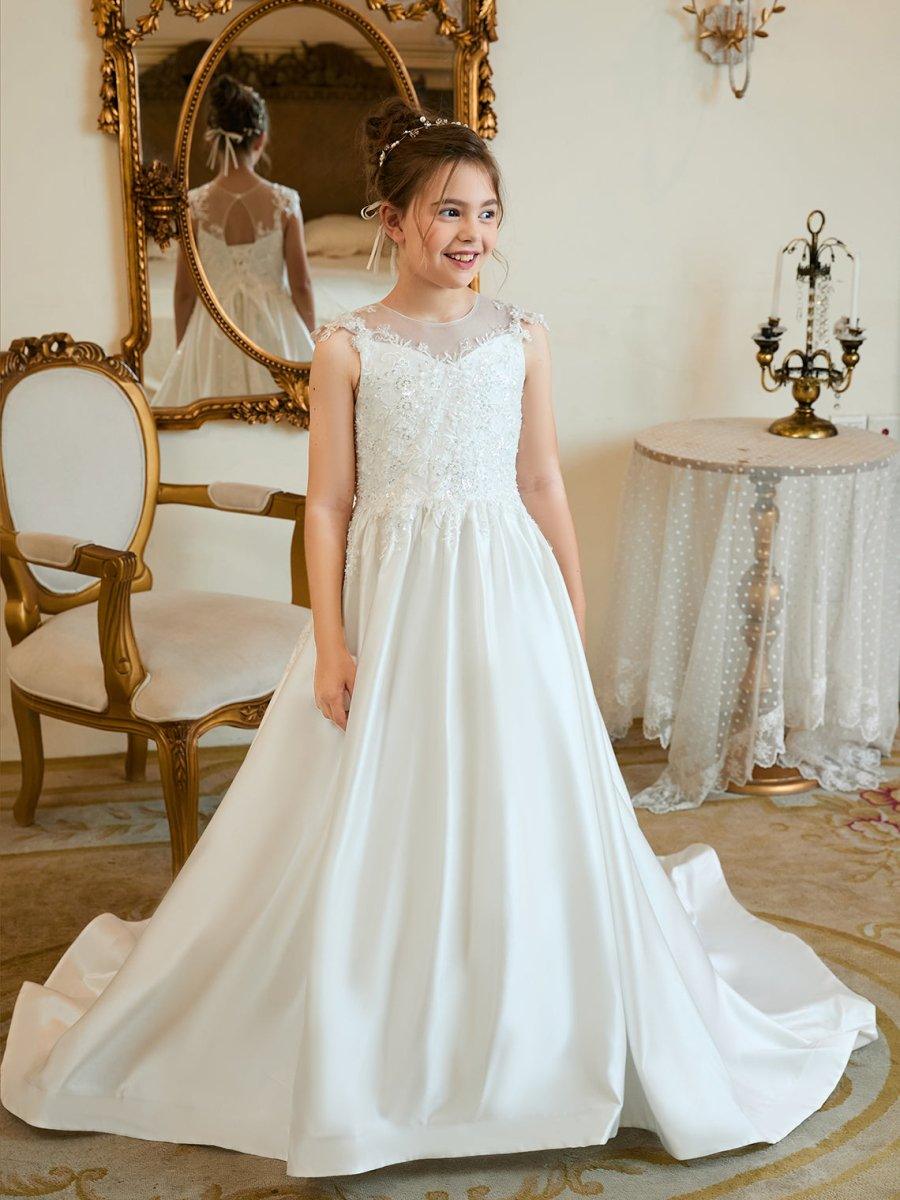 Ball-Gown/Princess Satin Sweep Train First Communion Flower Girl Dress - photo 3