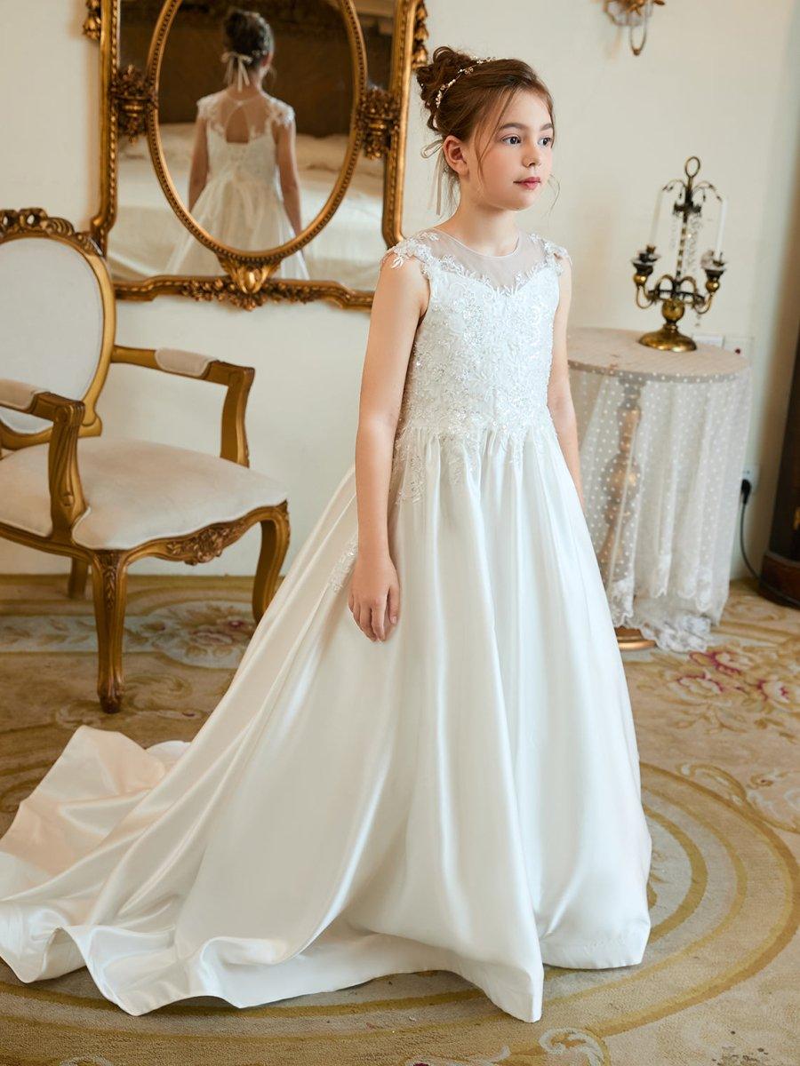 Ball-Gown/Princess Satin Sweep Train First Communion Flower Girl Dress - photo 4