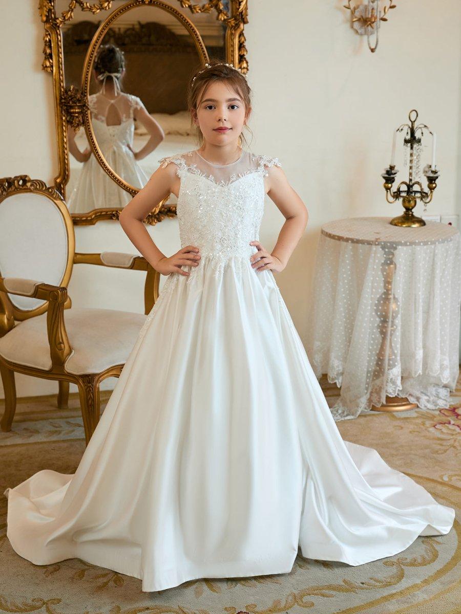 Ball-Gown/Princess Satin Sweep Train First Communion Flower Girl Dress - photo 2