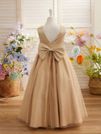 Ball-Gown/Princess Satin Tulle Champagne Flower Girl Dress - photo 3