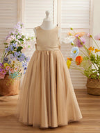 Ball-Gown/Princess Satin Tulle Champagne Flower Girl Dress - photo 1