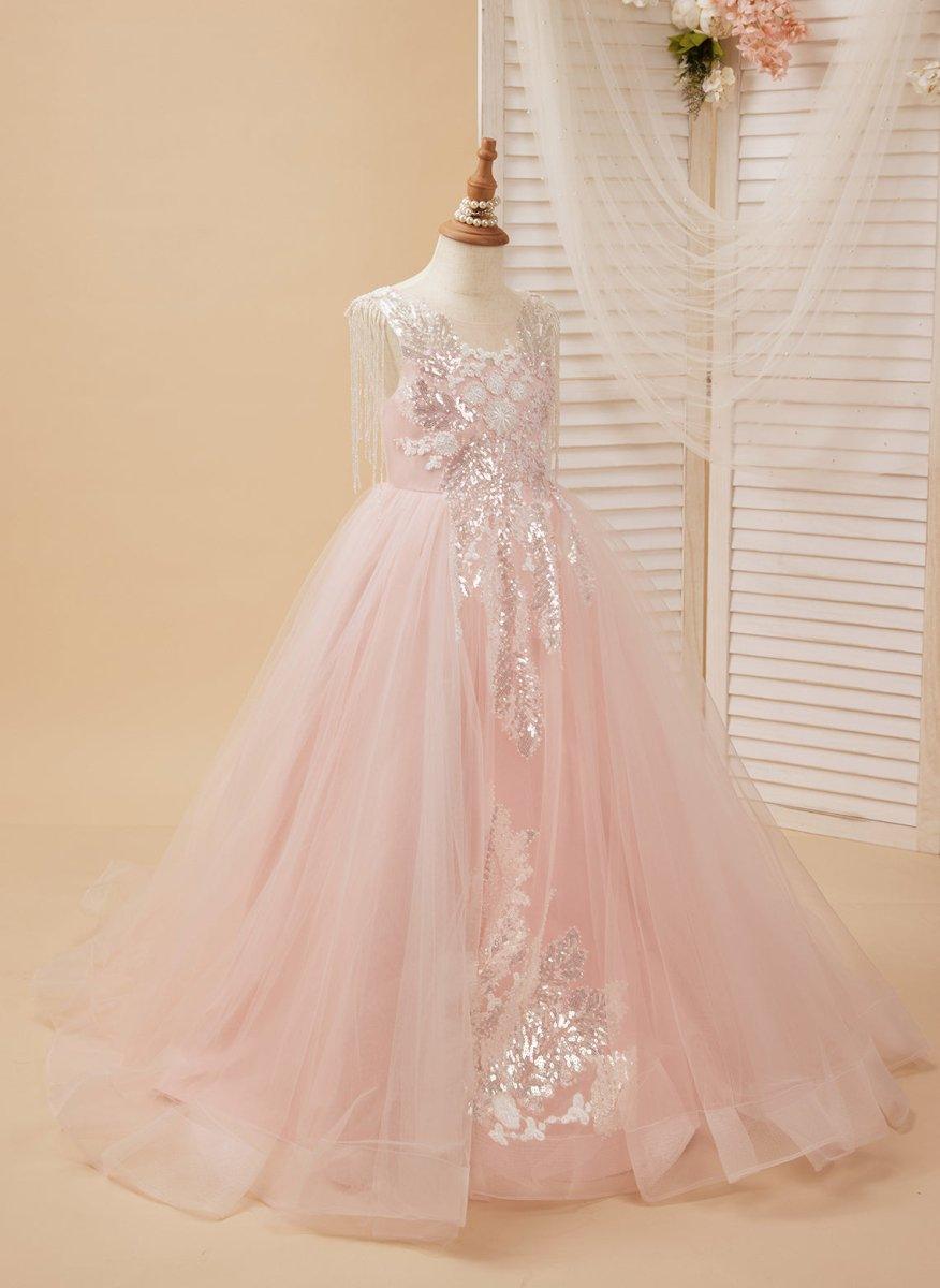 Ball-Gown/Princess Satin Tulle Floor-length Pink Flower Girl Dress - photo 1