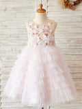 Ball-Gown/Princess Satin Tulle Knee-length Pink Flower Girl Dress - photo 1