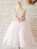 Ball-Gown/Princess Satin Tulle Knee-length Pink Flower Girl Dress - photo 2