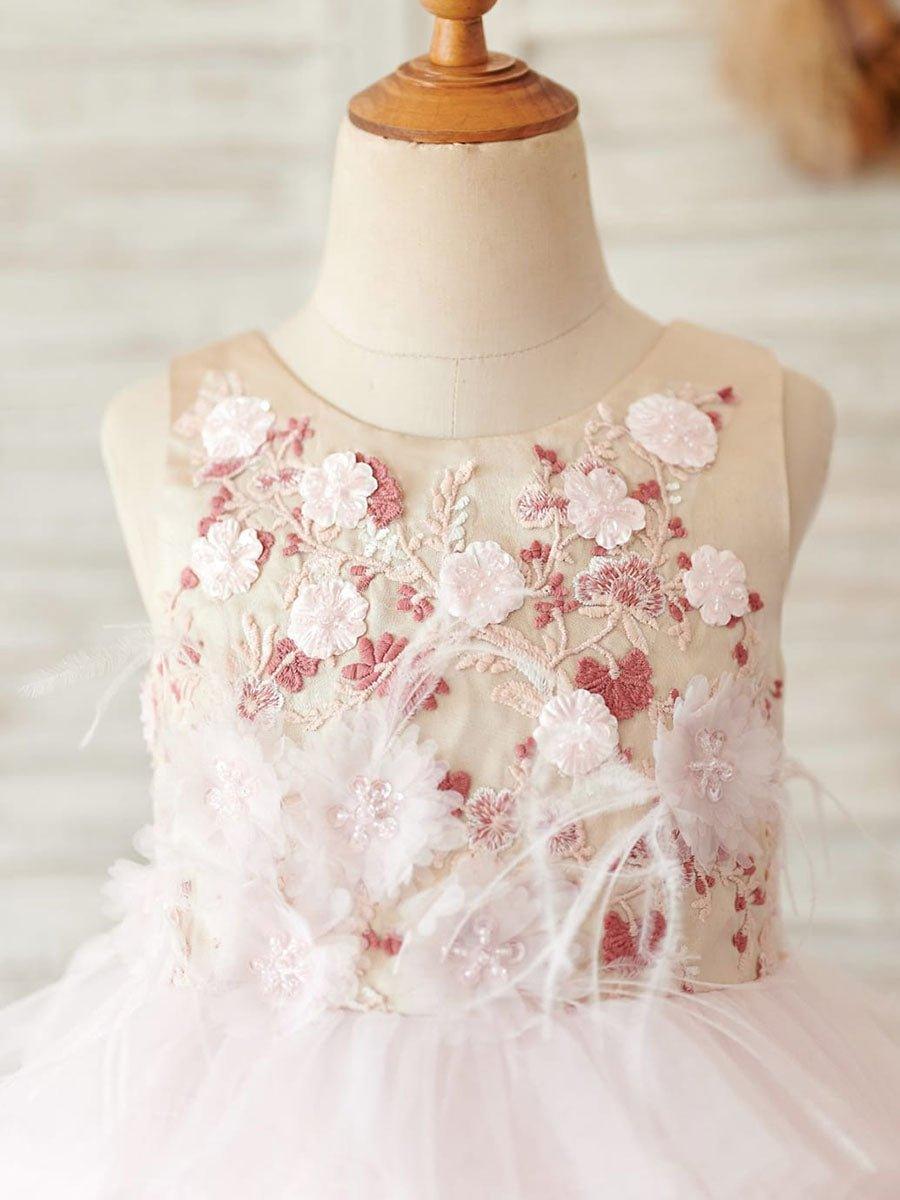 Ball-Gown/Princess Satin Tulle Knee-length Pink Flower Girl Dress - photo 3