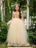 Ball-Gown/Princess Tulle Floor-length Champagne Flower Girl Dress - photo 1