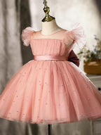 Ball-Gown/Princess Tulle Knee-length Pearl Pink Flower Girl Dress - photo 1