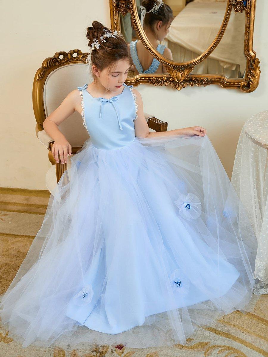 Ball-Gown/Princess Tulle Sweep Train Blue Flower Girl Dress - photo 6