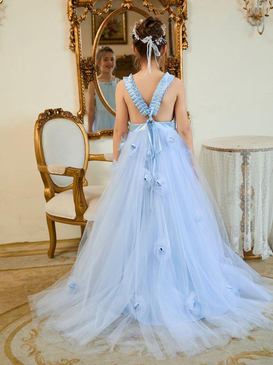 Ball-Gown/Princess Tulle Sweep Train Blue Flower Girl Dress - photo 2