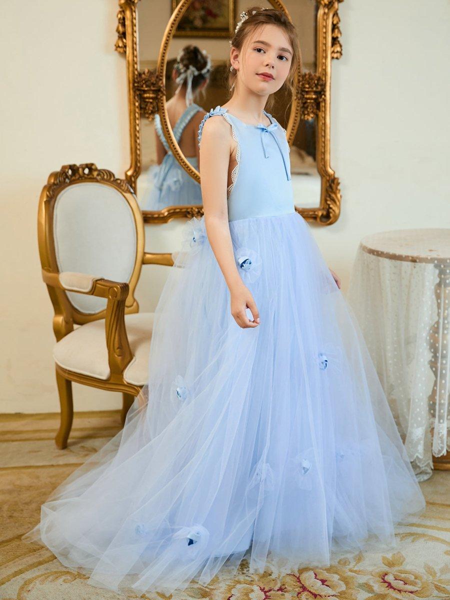 Ball-Gown/Princess Tulle Sweep Train Blue Flower Girl Dress - photo 4