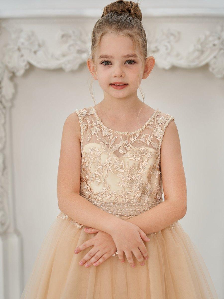Ball-Gown/Princess Tulle Sweep Train Champagne Flower Girl Dress - photo 4