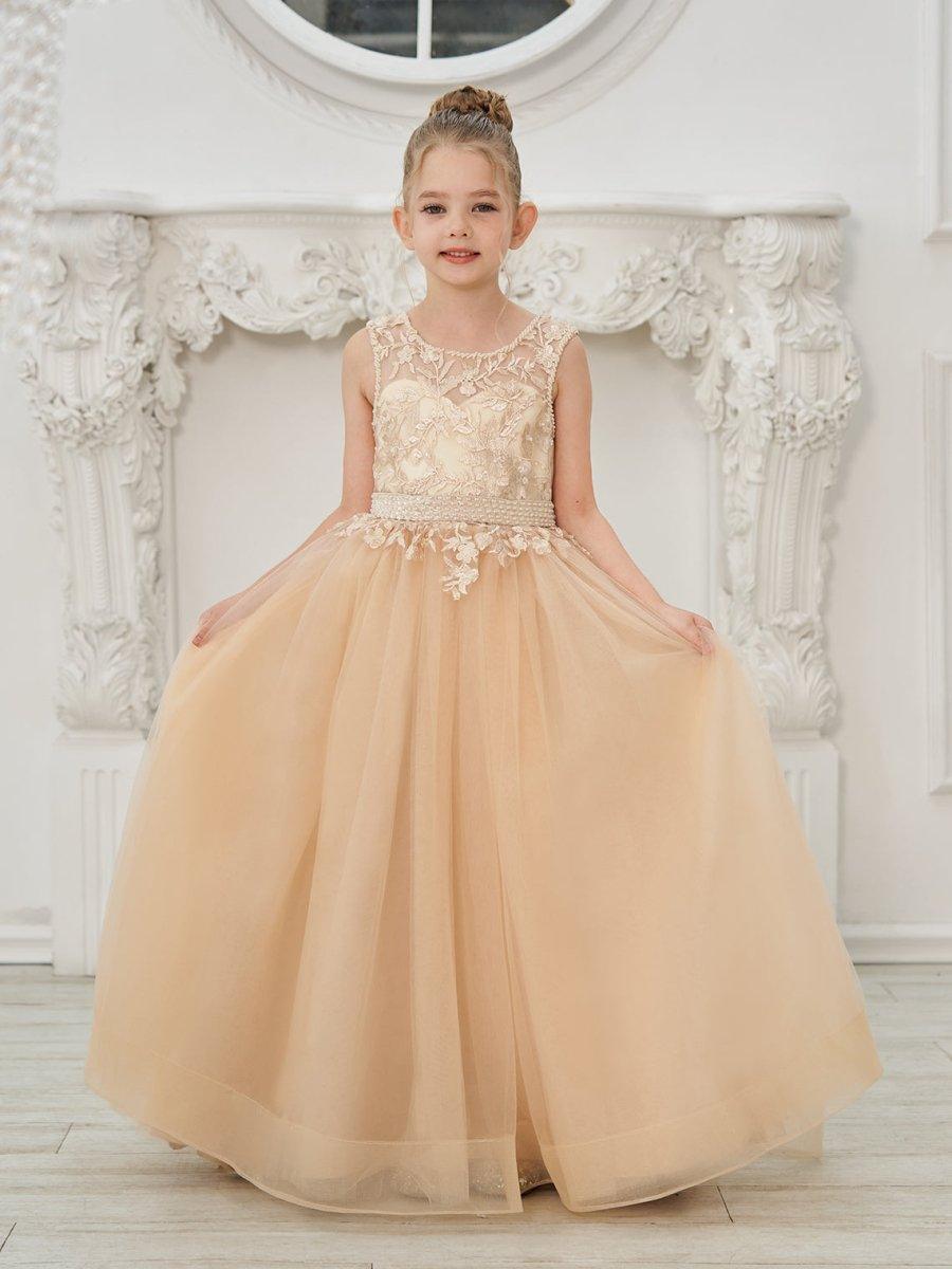 Ball-Gown/Princess Tulle Sweep Train Champagne Flower Girl Dress - photo 3