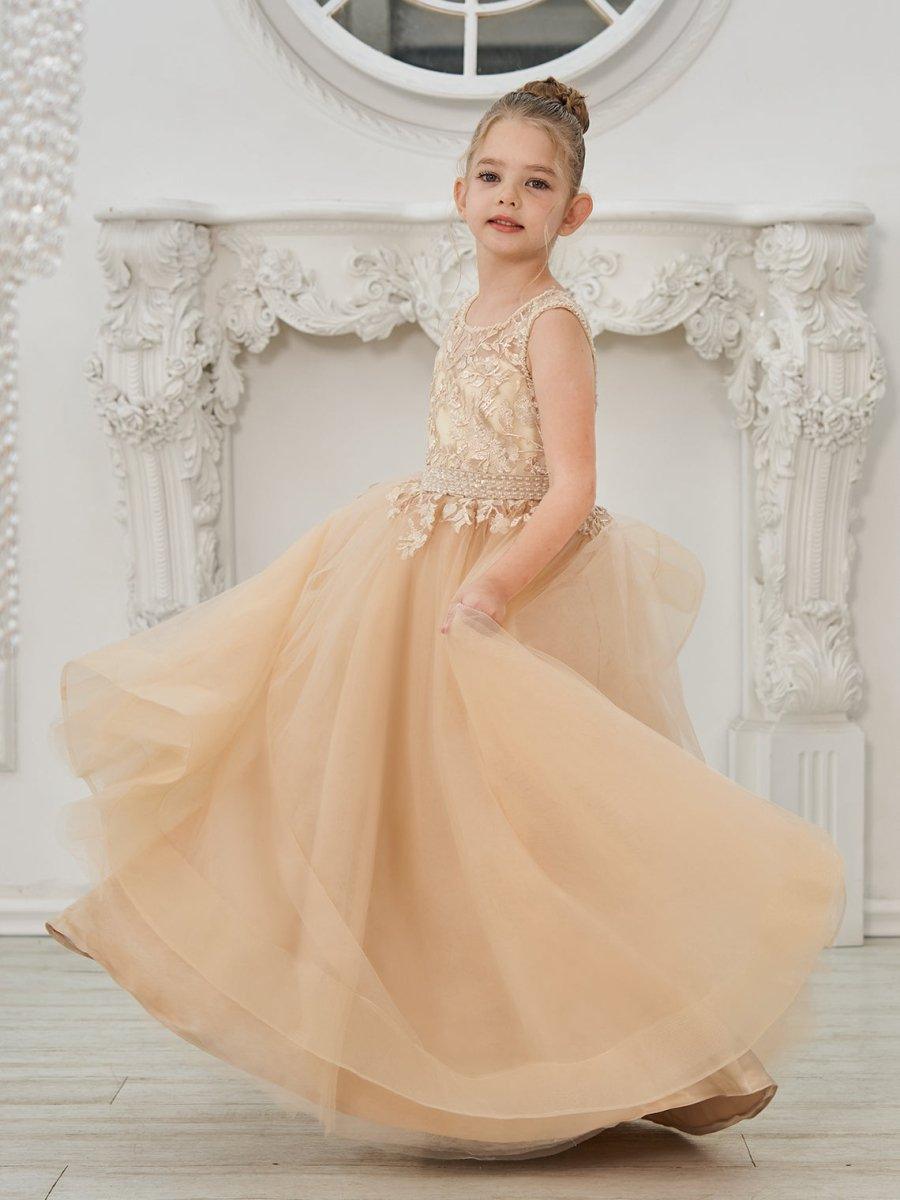 Ball-Gown/Princess Tulle Sweep Train Champagne Flower Girl Dress - photo 5