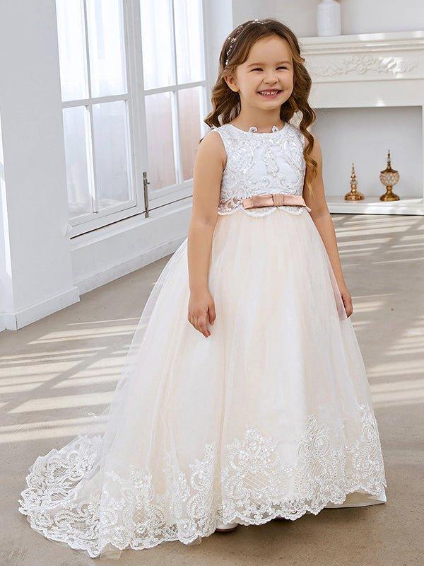 Ball-Gown/Princess Tulle Sweep Train Ivory  Flower Girl Dress - photo 1