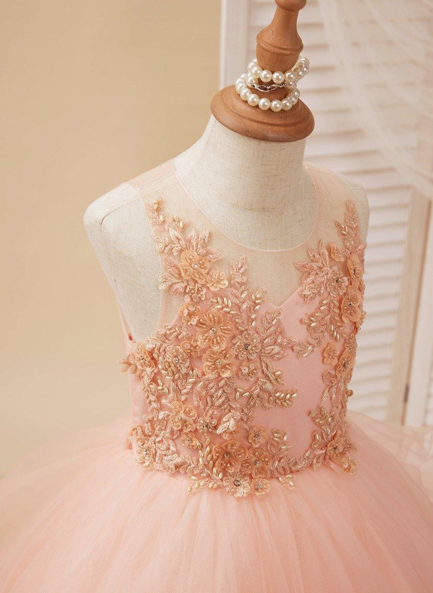 Ball-Gown/Princess Tulle Sweep Train Pink Flower Girl Dress - photo 4