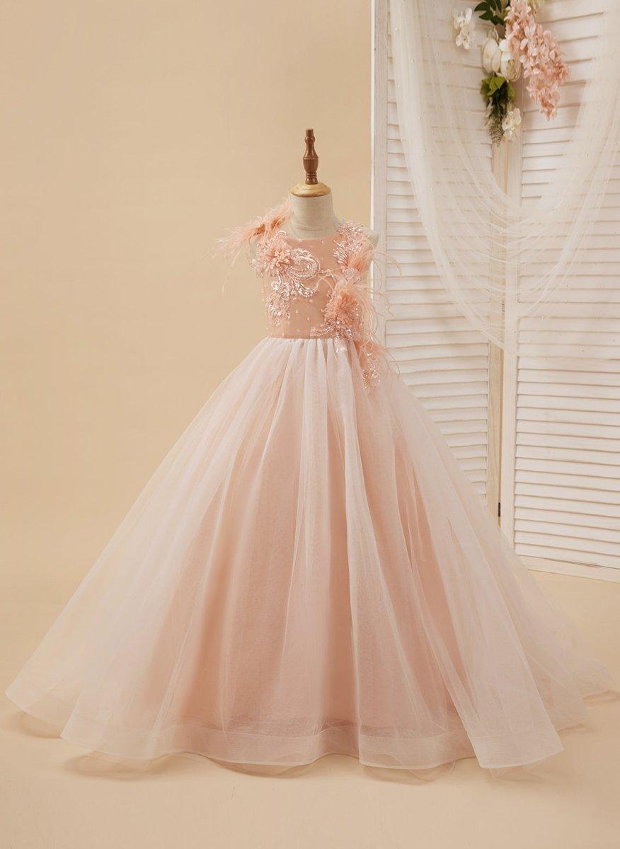 Ball-Gown/Princess Tulle Sweep Train Pink Flower Girl Dress - photo 2