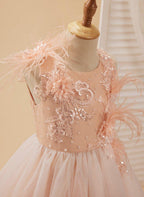 Ball-Gown/Princess Tulle Sweep Train Pink Flower Girl Dress - photo 6