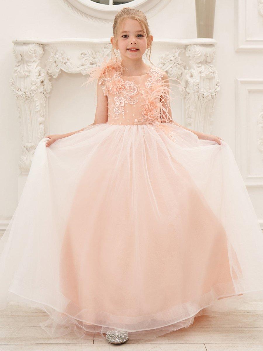 Ball-Gown/Princess Tulle Sweep Train Pink Flower Girl Dress - photo 1