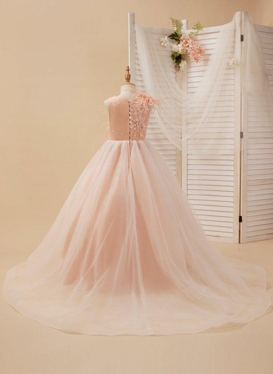 Ball-Gown/Princess Tulle Sweep Train Pink Flower Girl Dress - photo 4