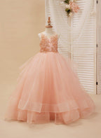 Ball-Gown/Princess Tulle Sweep Train Pink Flower Girl Dress - photo 2
