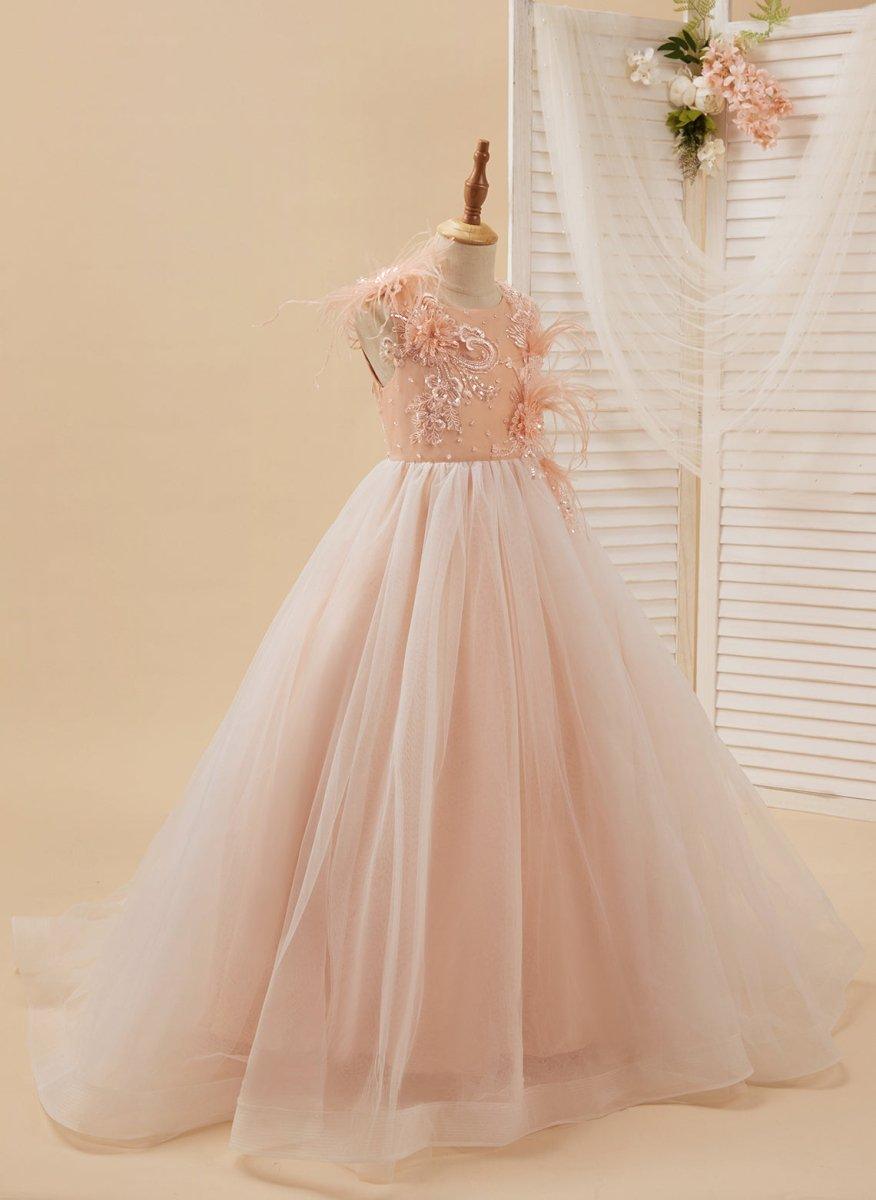Ball-Gown/Princess Tulle Sweep Train Pink Flower Girl Dress - photo 3