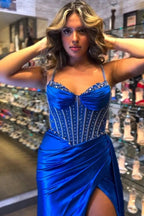 Barbie | Glitter Royal Blue Satin Mermaid Spaghetti Straps Long Corset Prom Dress with Beading by KissProm