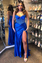 Barbie | Glitter Royal Blue Satin Mermaid Spaghetti Straps Long Corset Prom Dress with Beading by KissProm