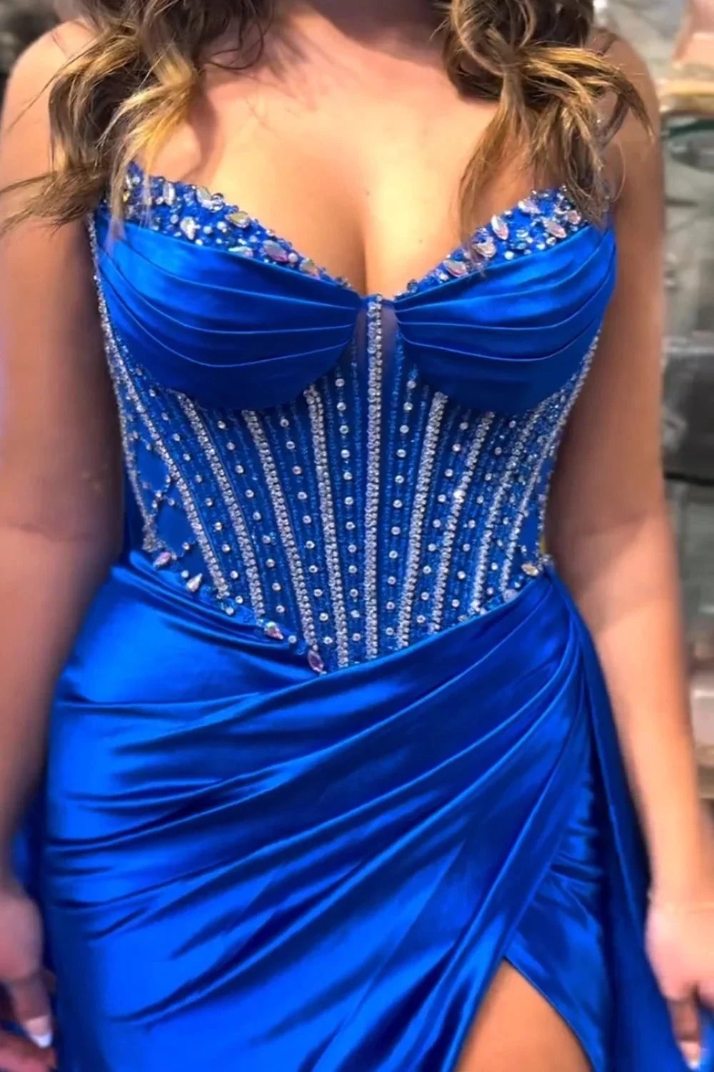Barbie | Glitter Royal Blue Satin Mermaid Spaghetti Straps Long Corset Prom Dress with Beading by KissProm