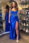 Barbie | Glitter Royal Blue Satin Mermaid Spaghetti Straps Long Corset Prom Dress with Beading by KissProm
