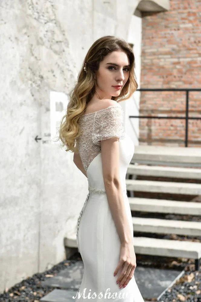 Bateau Short Sleeve Slim Mermaid Wedding Gown Satin Bridal Gown Sweep/Trump Train by misshow.com