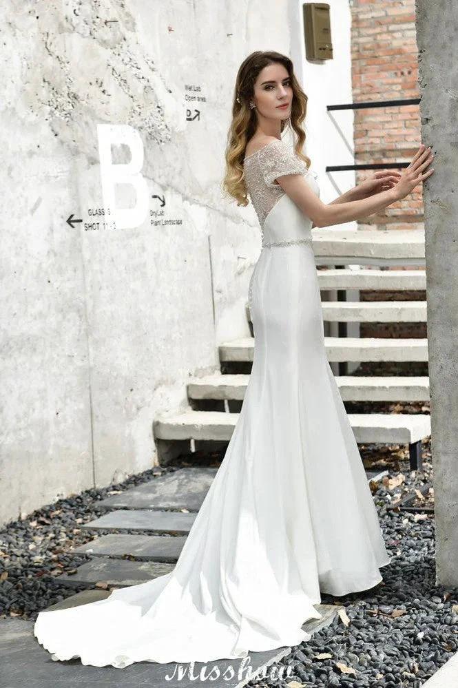 Bateau Short Sleeve Slim Mermaid Wedding Gown Satin Bridal Gown Sweep/Trump Train by misshow.com