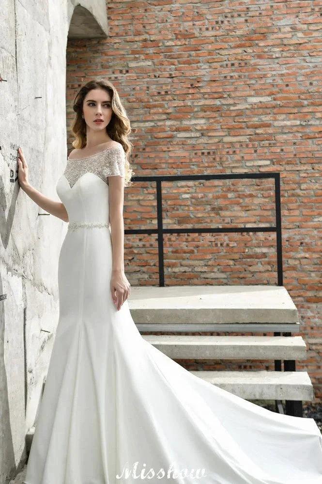 Bateau Short Sleeve Slim Mermaid Wedding Gown Satin Bridal Gown Sweep/Trump Train by misshow.com