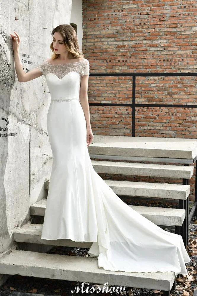Bateau Short Sleeve Slim Mermaid Wedding Gown Satin Bridal Gown Sweep/Trump Train by misshow.com