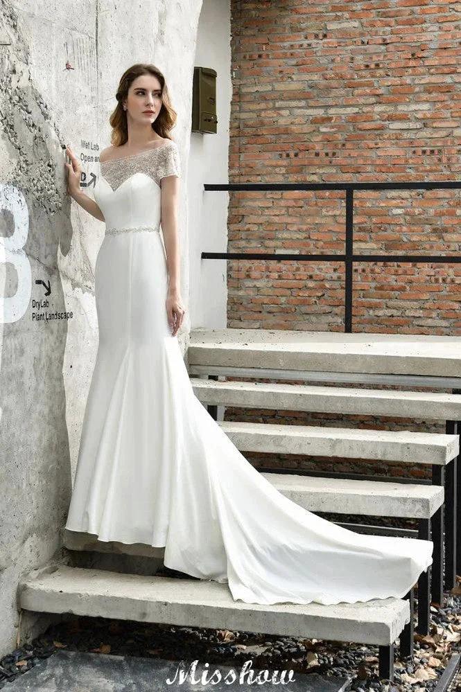 Bateau Short Sleeve Slim Mermaid Wedding Gown Satin Bridal Gown Sweep/Trump Train by misshow.com