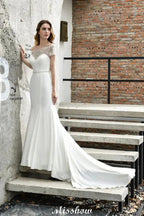 Bateau Short Sleeve Slim Mermaid Wedding Gown Satin Bridal Gown Sweep/Trump Train by misshow.com