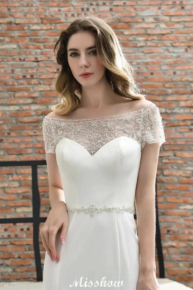 Bateau Short Sleeve Slim Mermaid Wedding Gown Satin Bridal Gown Sweep/Trump Train by misshow.com