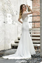 Bateau Short Sleeve Slim Mermaid Wedding Gown Satin Bridal Gown Sweep/Trump Train by misshow.com