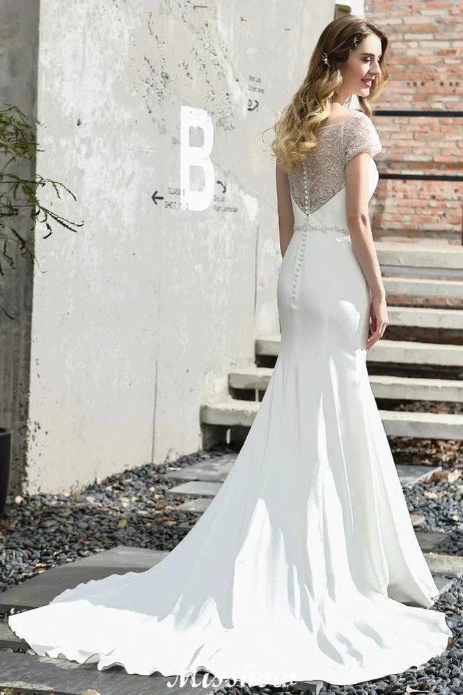 Bateau Short Sleeve Slim Mermaid Wedding Gown Satin Bridal Gown Sweep/Trump Train by misshow.com