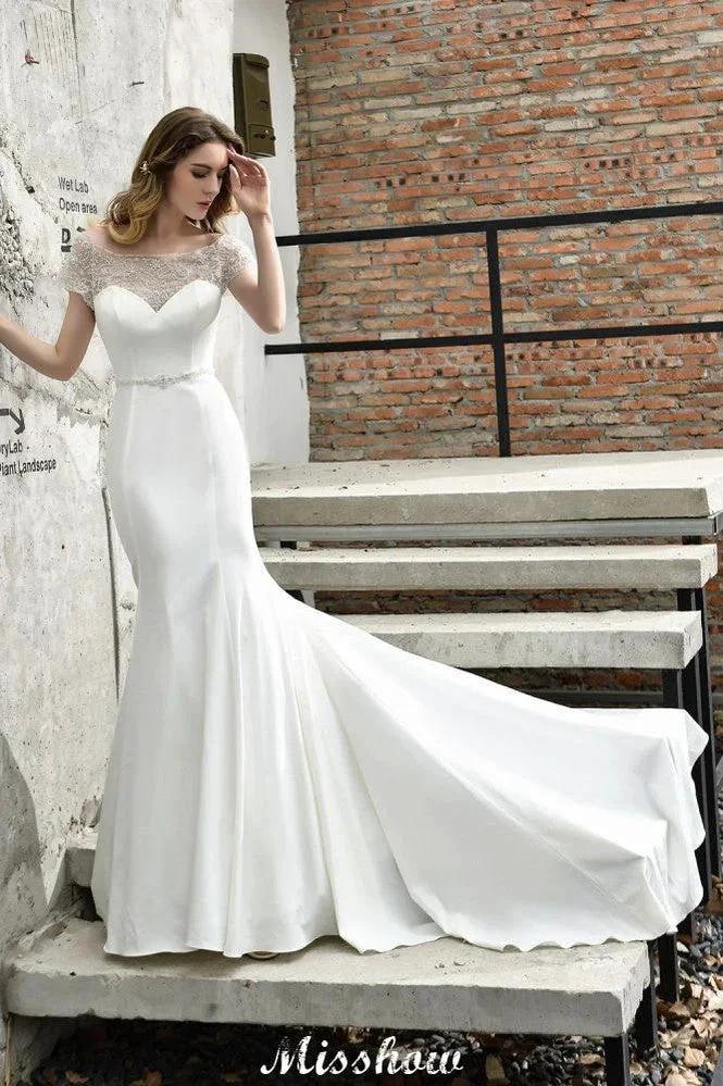 Bateau Short Sleeve Slim Mermaid Wedding Gown Satin Bridal Gown Sweep/Trump Train by misshow.com