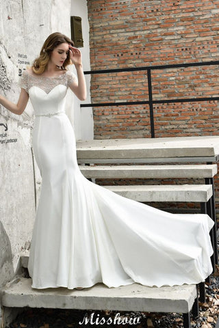 Bateau Kurzarm Schlank Meerjungfrau Brautkleid Satin Brautkleid Sweep/Trump Schleppe