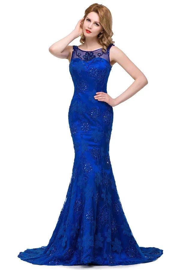 Bateau Sweep-length Applique Crystals Mermaid Form Dresses by misshow.com