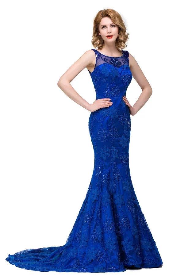 Bateau Sweep-length Applique Crystals Mermaid Form Dresses by misshow.com