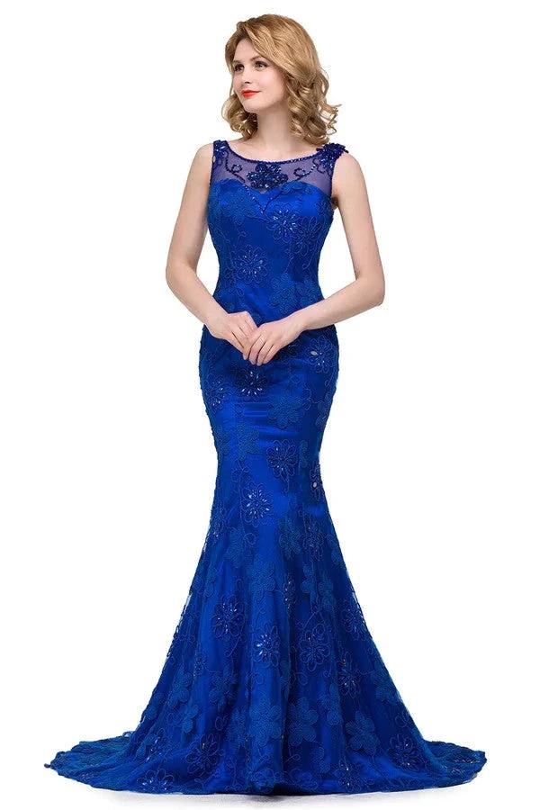 Bateau Sweep-length Applique Crystals Mermaid Form Dresses by misshow.com