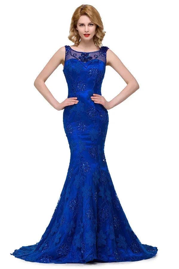 Bateau Sweep-length Applique Crystals Mermaid Form Dresses by misshow.com