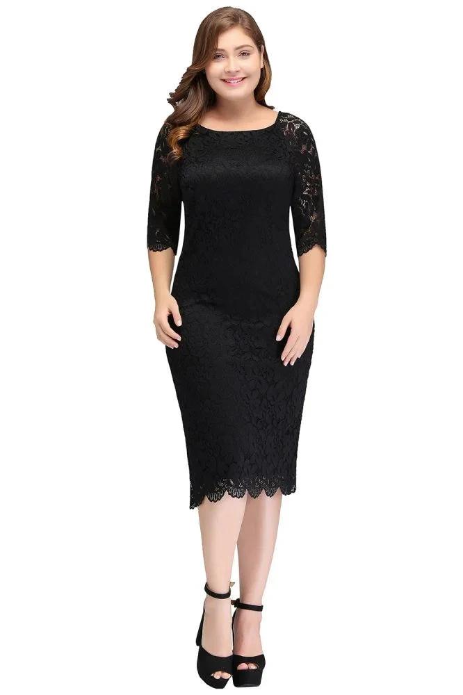 Bateau Tea Length Mermaid Plus size Lace Black Evening Dresses with sleeves by misshow.com