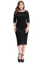 Bateau Tea Length Mermaid Plus size Lace Black Evening Dresses with sleeves by misshow.com