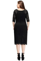 Bateau Tea Length Mermaid Plus size Lace Black Evening Dresses with sleeves by misshow.com