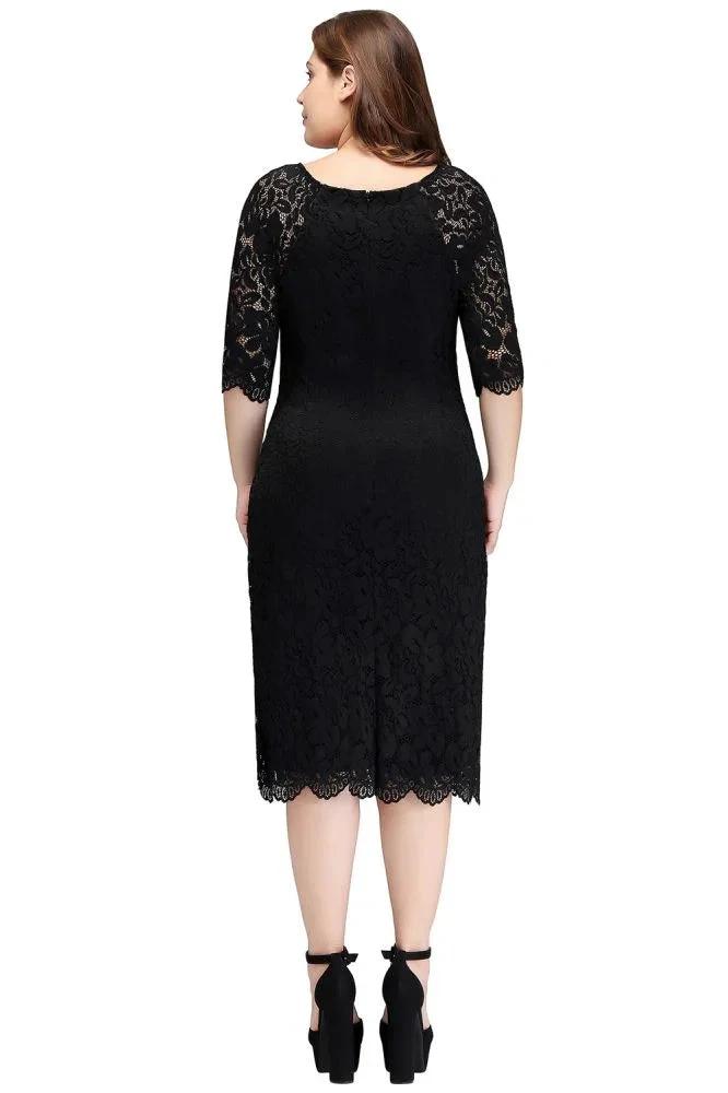 Bateau Tea Length Mermaid Plus size Lace Black Evening Dresses with sleeves by misshow.com